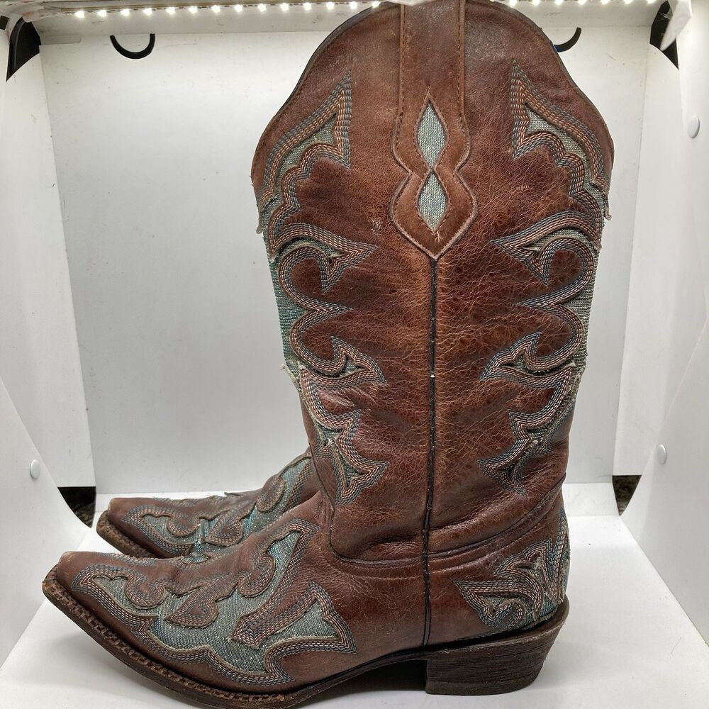 Pecos Bill Womens Western Boots Size 8.5 Brown Leather Turquoise Inlay Festival